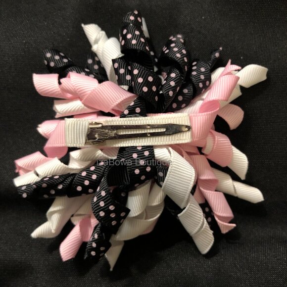 Light Pink, White & Black Polka Dot Korker Bow   HANDCRAFTED - Picture 2 of 3